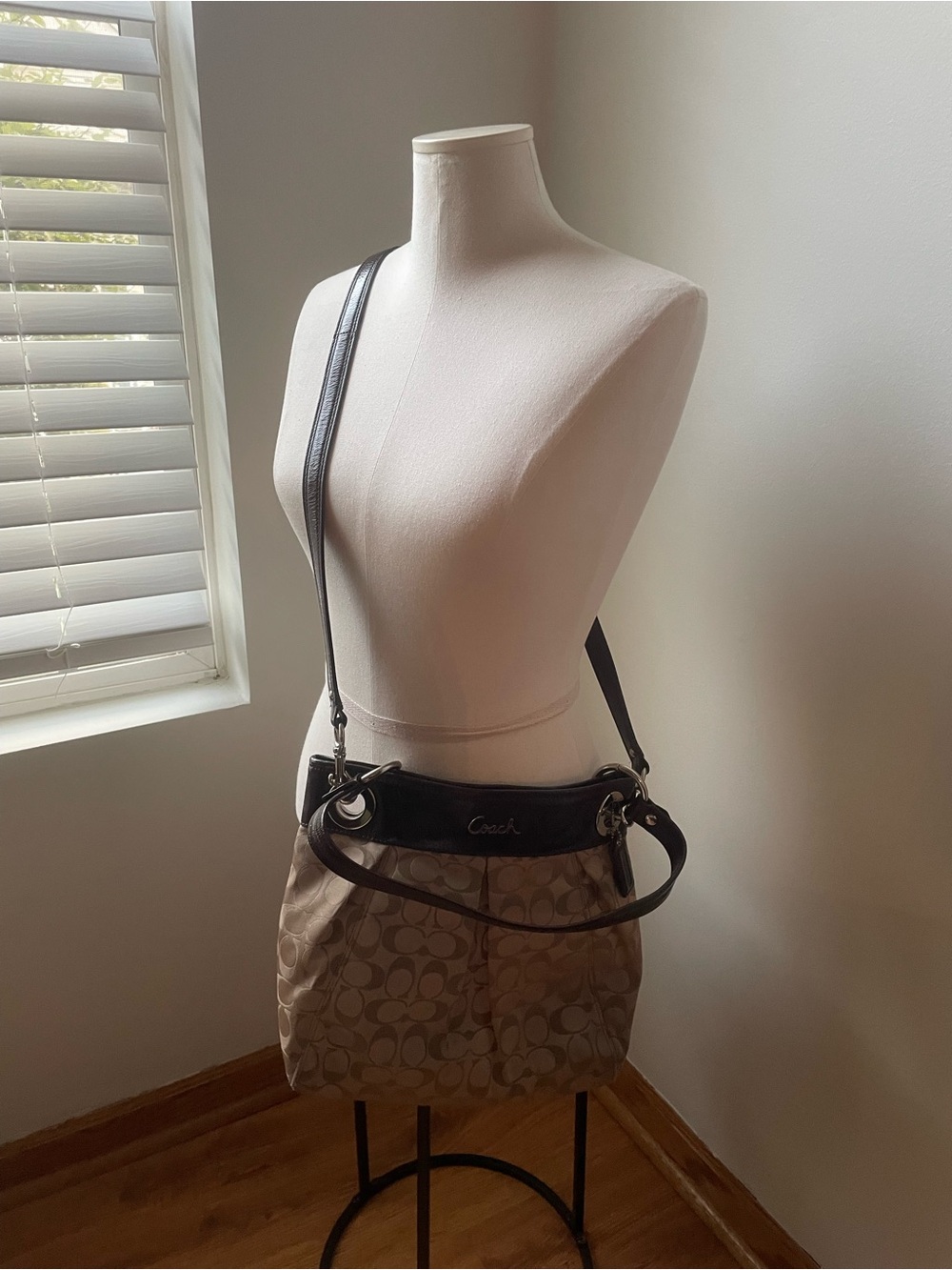 Coach Signature Canvas Shoulder Bag in Tan and Black Trim